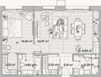 Планировка: 2-к, 63,4 м²