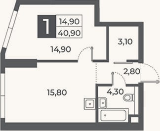 Планировка: 1-к, 40,9 м²