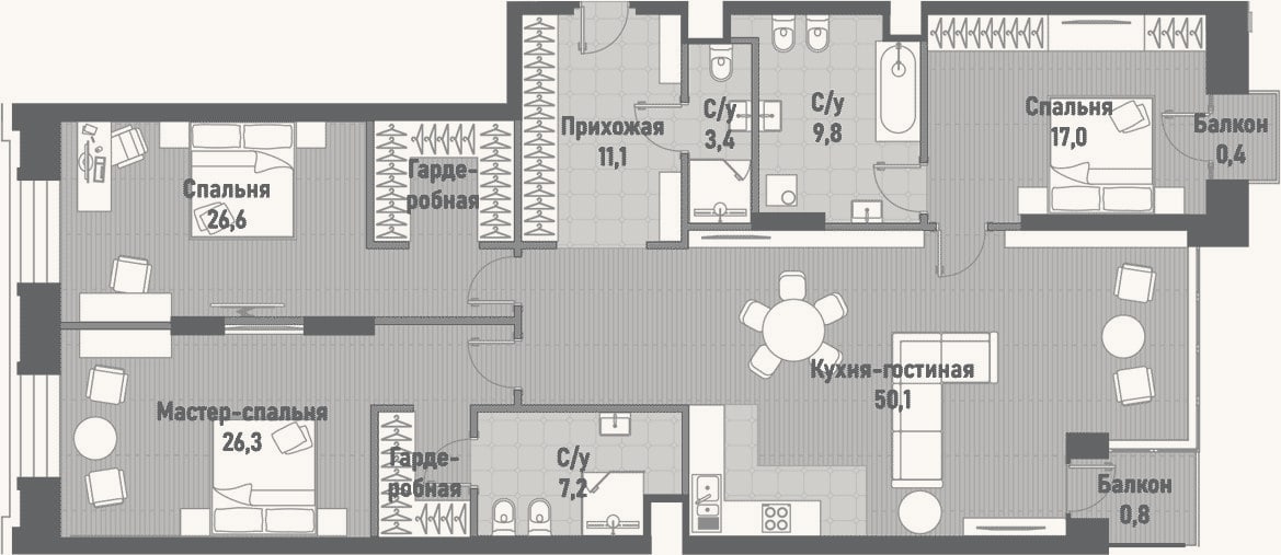Планировка: 4+ к, 151,5 м²