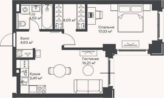Планировка: 2-к, 49,2 м²