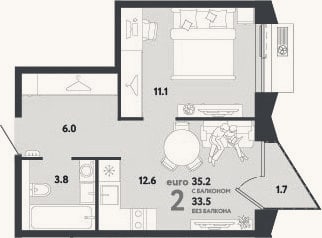 Планировка: 2-к, 33,5 м²