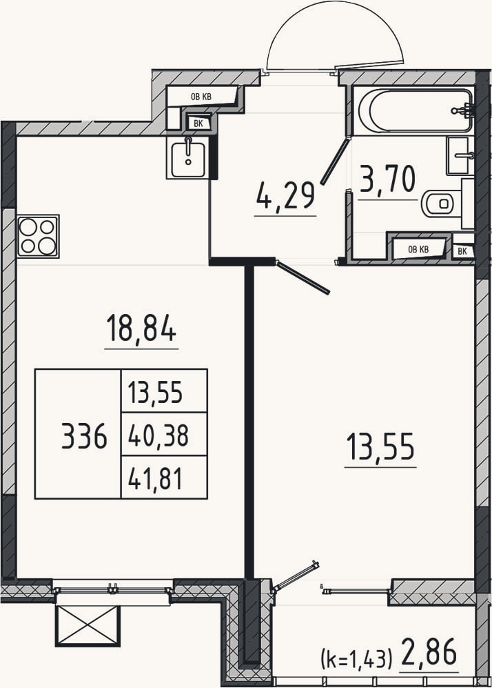 Планировка: 2-к, 40,4 м²
