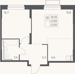 Планировка: 2-к, 43 м²