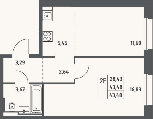 Планировка: 2-к, 43,5 м²