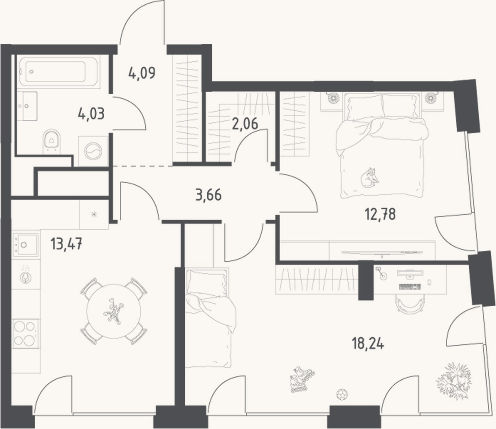 Планировка: 2-к, 58,3 м²