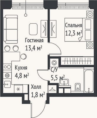 Планировка: 2-к, 37,8 м²