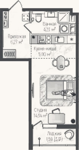 Планировка: Студия, 29,6 м²