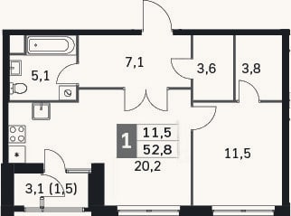 Планировка: 2-к, 50,2 м²