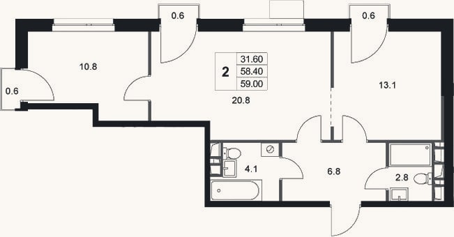 Планировка: 2-к, 58,4 м²