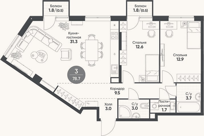 Планировка: 3-к, 77,7 м²