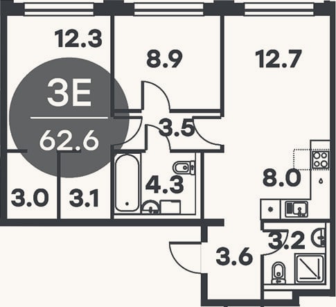 Планировка: 3-к, 62,6 м²
