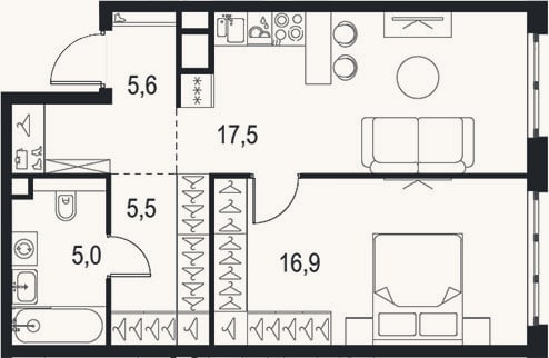 Планировка: 2-к, 50,5 м²