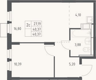 Планировка: 2-к, 40,4 м²