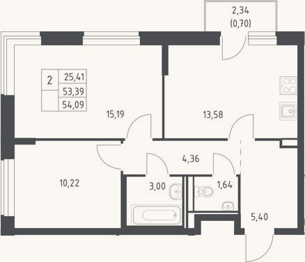 Планировка: 2-к, 53,4 м²