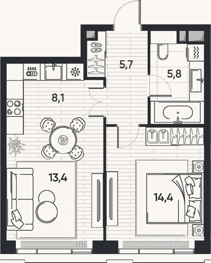 Планировка: 2-к, 47,4 м²