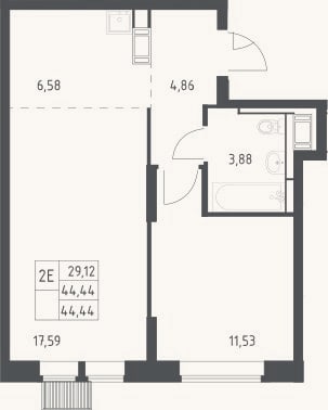 Планировка: 2-к, 44,4 м²