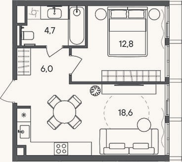 Планировка: 1-к, 42,1 м²