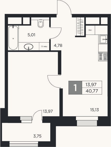 Планировка: 2-к, 38,9 м²