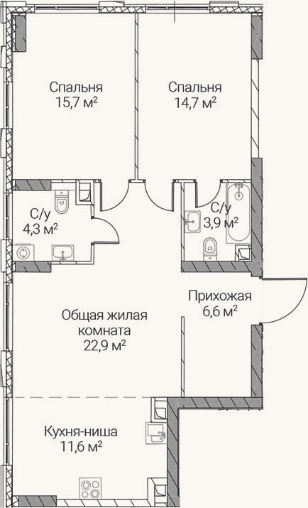 Планировка: 3-к, 79,7 м²
