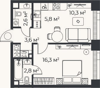 Планировка: 2-к, 41,4 м²