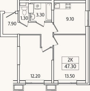 Планировка: 2-к, 47,3 м²