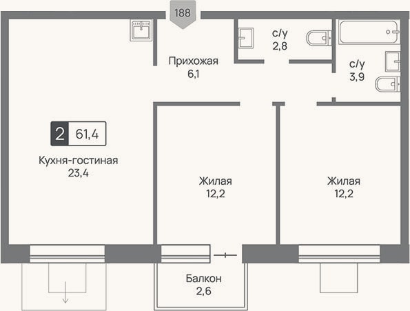 Планировка: 3-к, 60,6 м²
