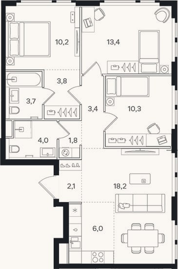 Планировка: 4+ к, 76,9 м²