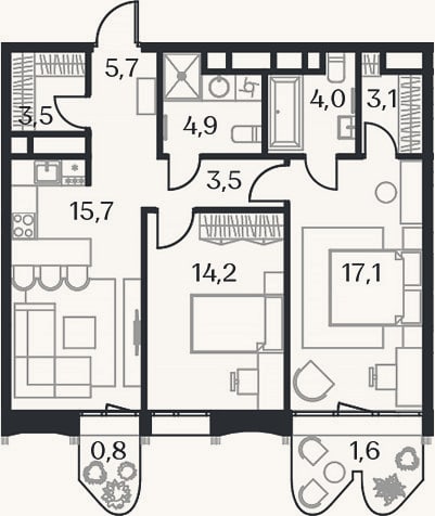 Планировка: 3-к, 70,4 м²