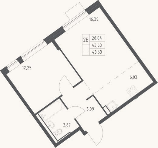 Планировка: 2-к, 43,6 м²