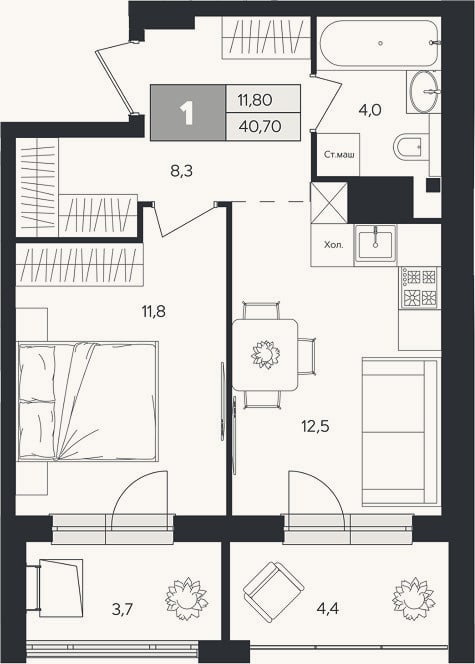 Планировка: 1-к, 36,7 м²