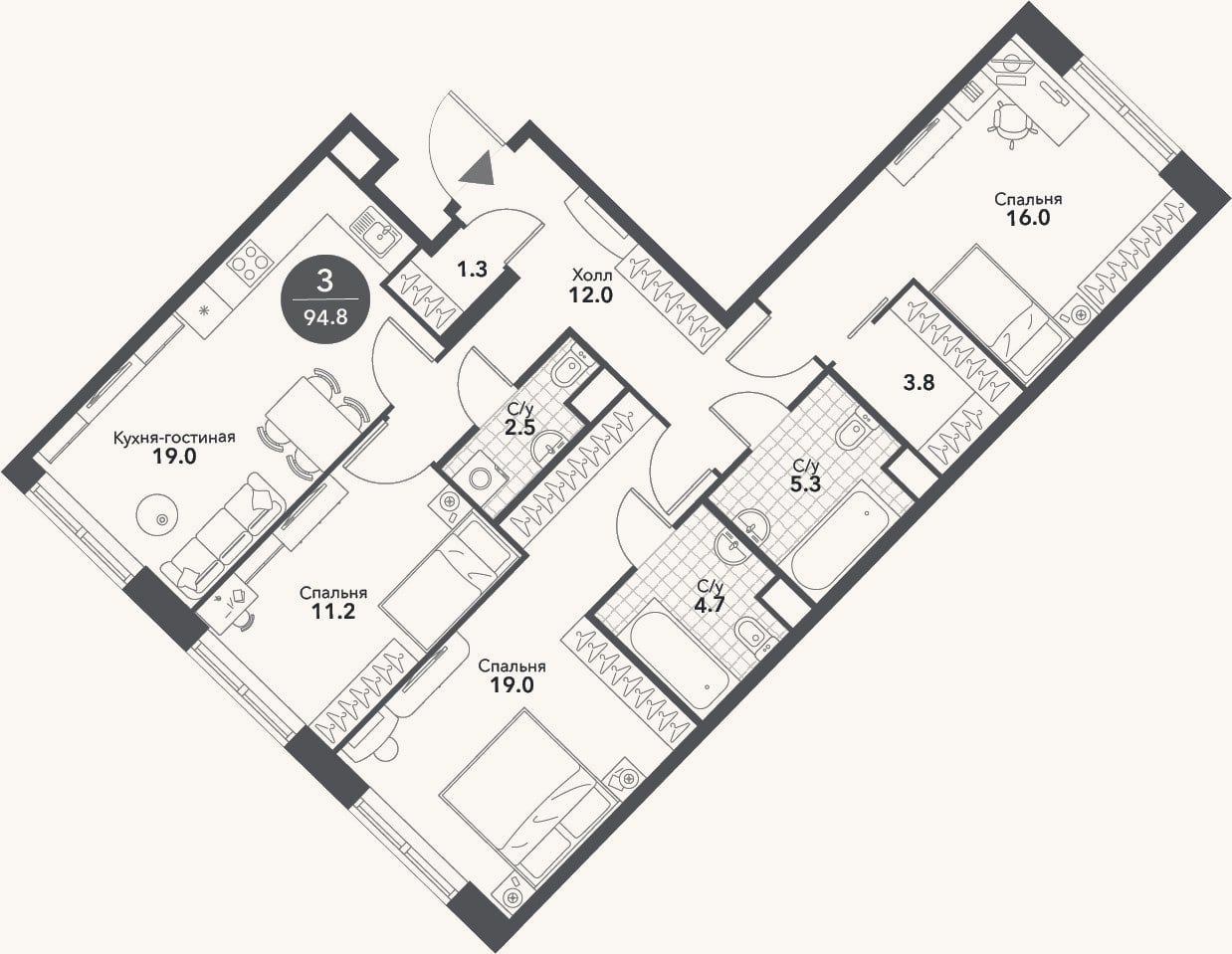 Планировка: 4+ к, 94,8 м²