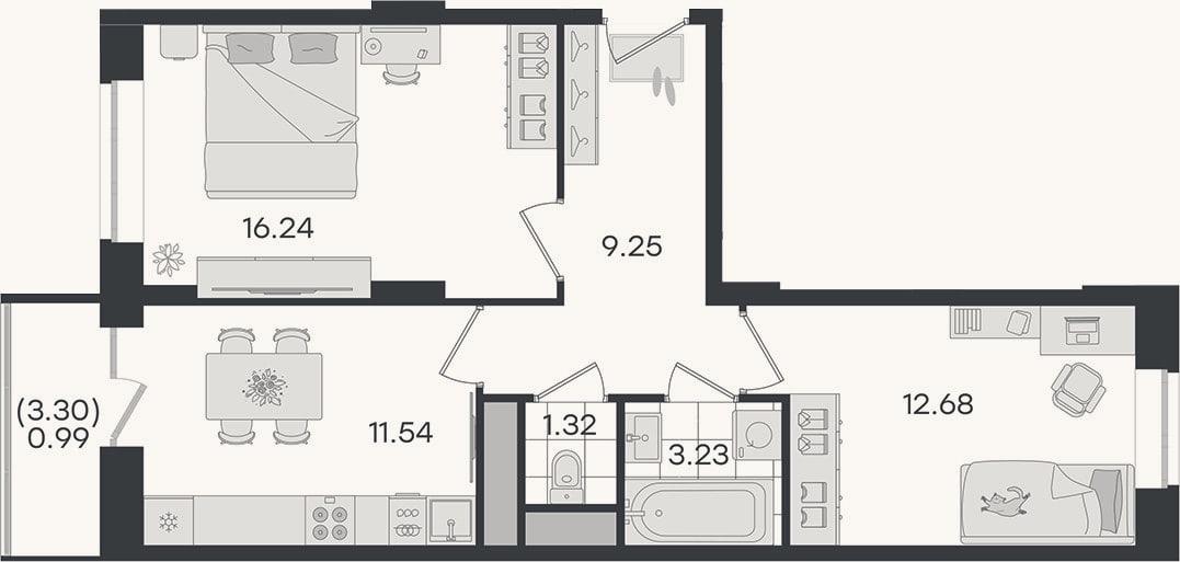 Планировка: 2-к, 54,3 м²