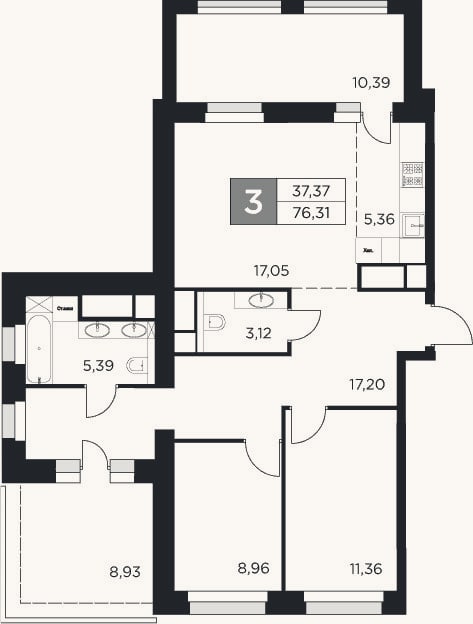 Планировка: 3-к, 66,6 м²