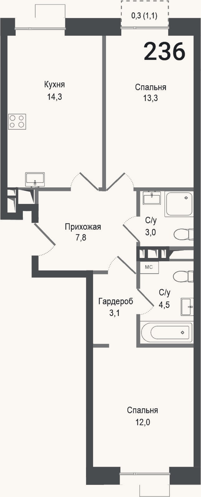 Планировка: 2-к, 58 м²