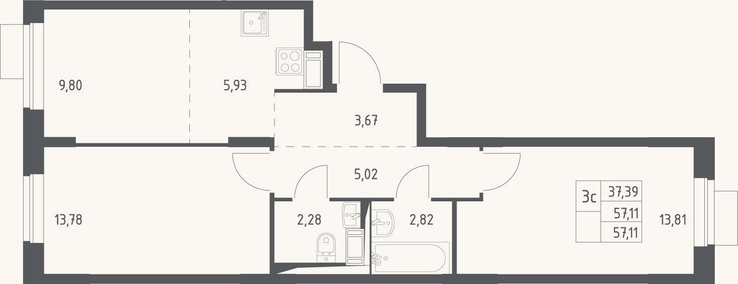 Планировка: 3-к, 57,1 м²