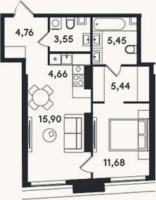 Планировка: 2-к, 51,4 м²