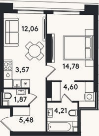 Планировка: 2-к, 46,6 м²