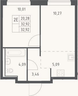 Планировка: 2-к, 32,9 м²
