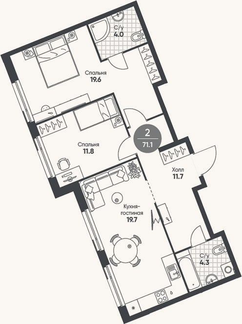 Планировка: 3-к, 71,1 м²