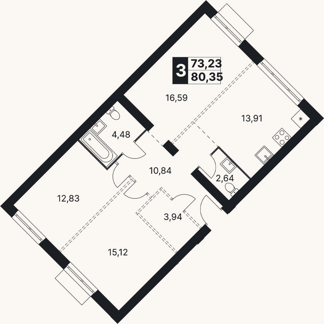 Планировка: 3-к, 80,4 м²