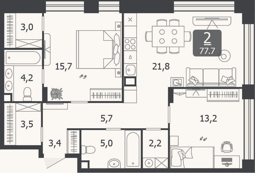 Планировка: 3-к, 77,7 м²