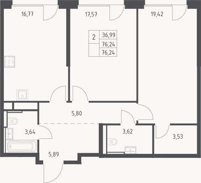 Планировка: 3-к, 77,2 м²