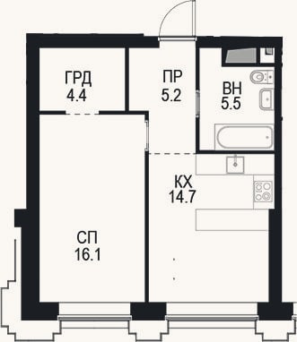 Планировка: 1-к, 46,8 м²