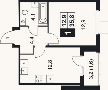 Планировка: 1-к, 34,2 м²
