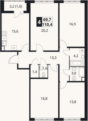 Планировка: 4+ к, 108,8 м²