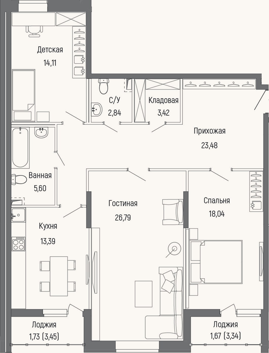 Планировка: 3-к, 106,7 м²