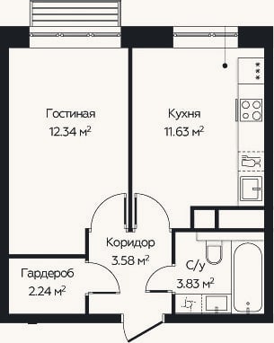 Планировка: 1-к, 33,6 м²