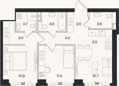 Планировка: 3-к, 64,3 м²