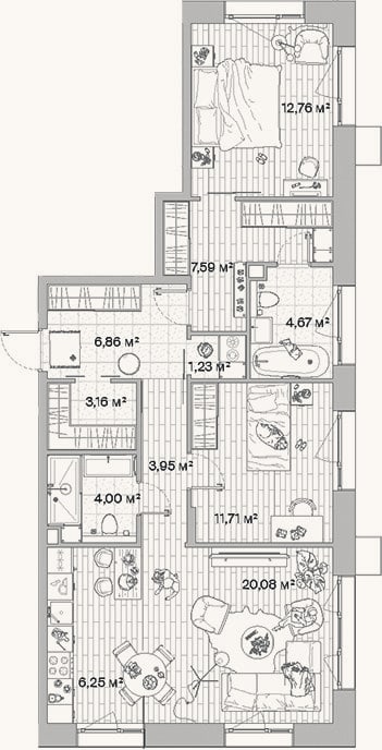 Планировка: 3-к, 82,3 м²
