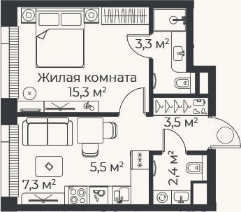 Планировка: 2-к, 37,2 м²